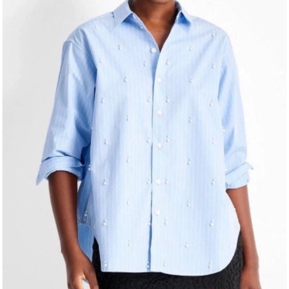 Future Collective Light Blue Pinstripe Button Up Long Sleeve Shirt Pearls Sz XXL